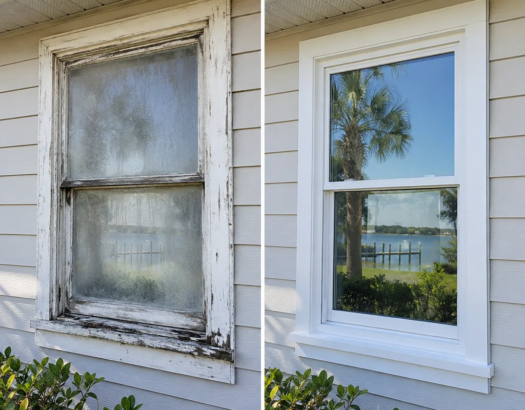 Older window with failed seals beside a new replacement window with clean trim and updated hardware
