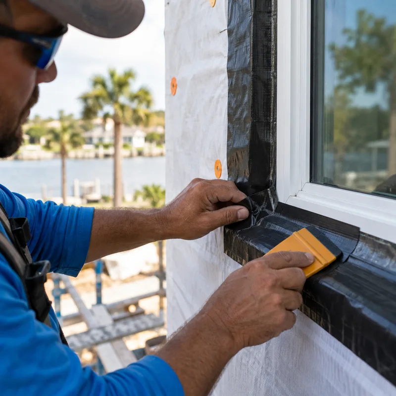 Flashing tape and corner detailing at a window opening before exterior trim installation
