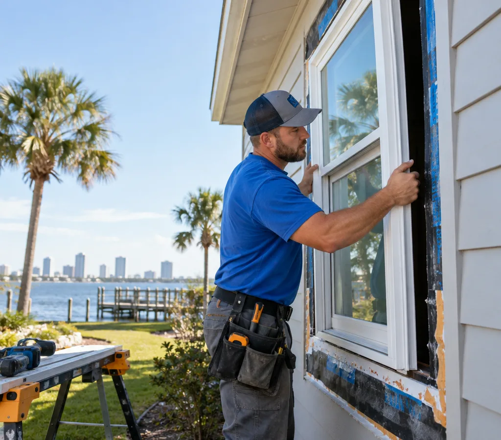 Installer setting a replacement window into a Jacksonville home with flashing tape and perimeter sealant visible