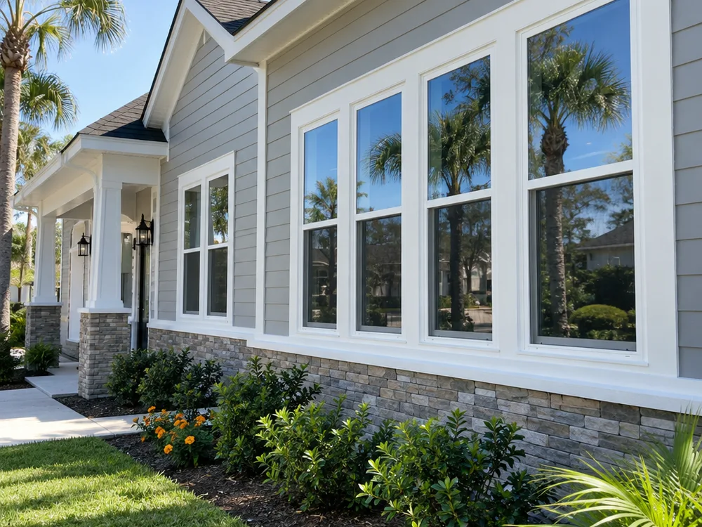 Jacksonville home facade with evenly aligned replacement windows and neat perimeter sealant