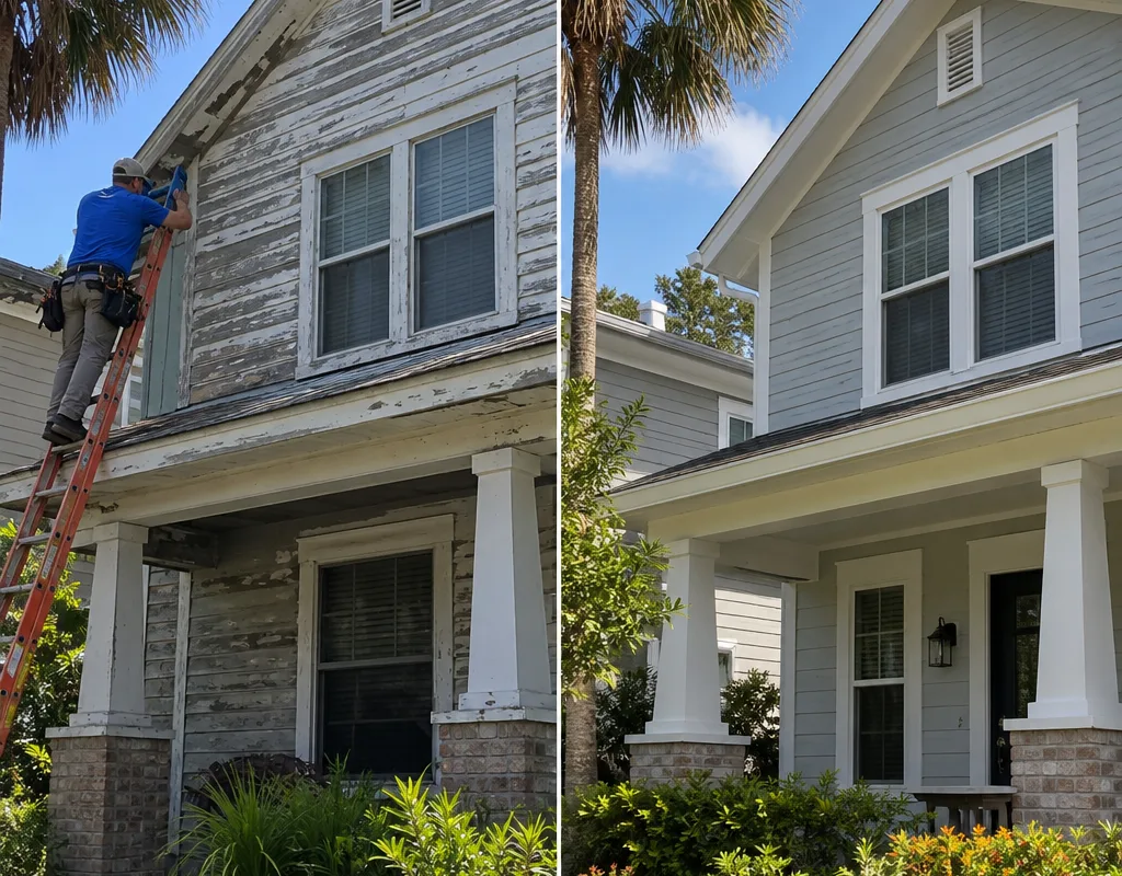 Before and after of a Jacksonville home with new siding and refreshed trim