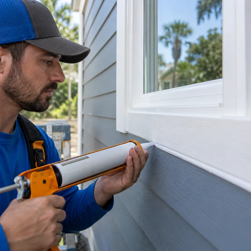Close-up of window flashing, clean caulk lines, and straight siding courses
