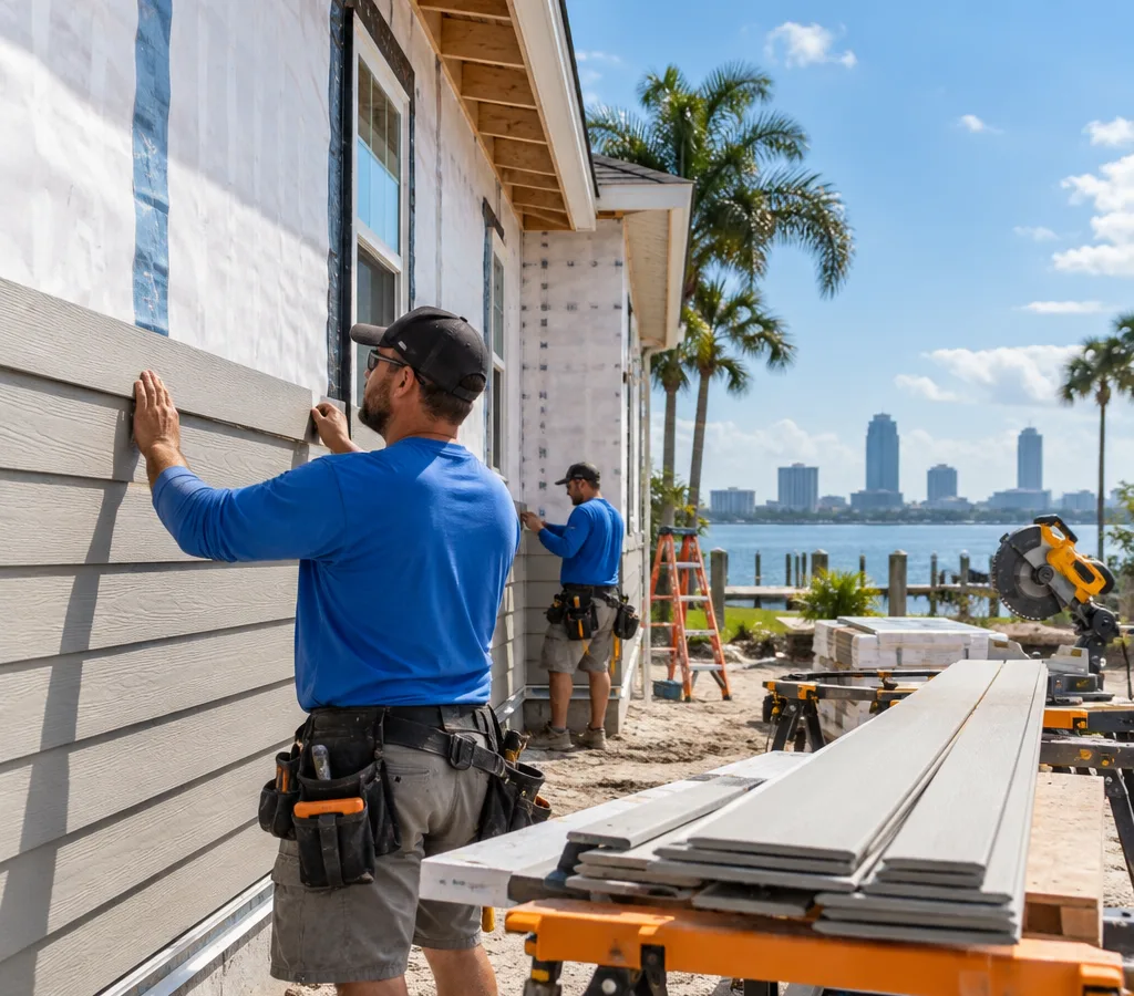 Crew installing exterior wall siding on a Jacksonville home with housewrap and flashing visible