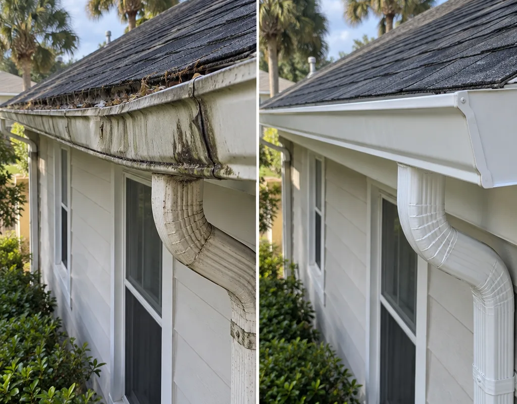 Before-and-after comparison of an old sagging stained gutter and a new pitched seamless gutter with corrected outlet and downspout placement