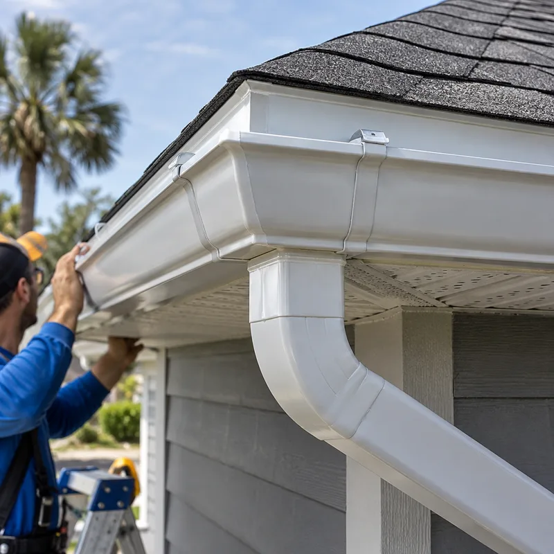 Close-up of a new seamless aluminum gutter corner and drop outlet showing clean sealant, straight fascia alignment, and properly placed hangers