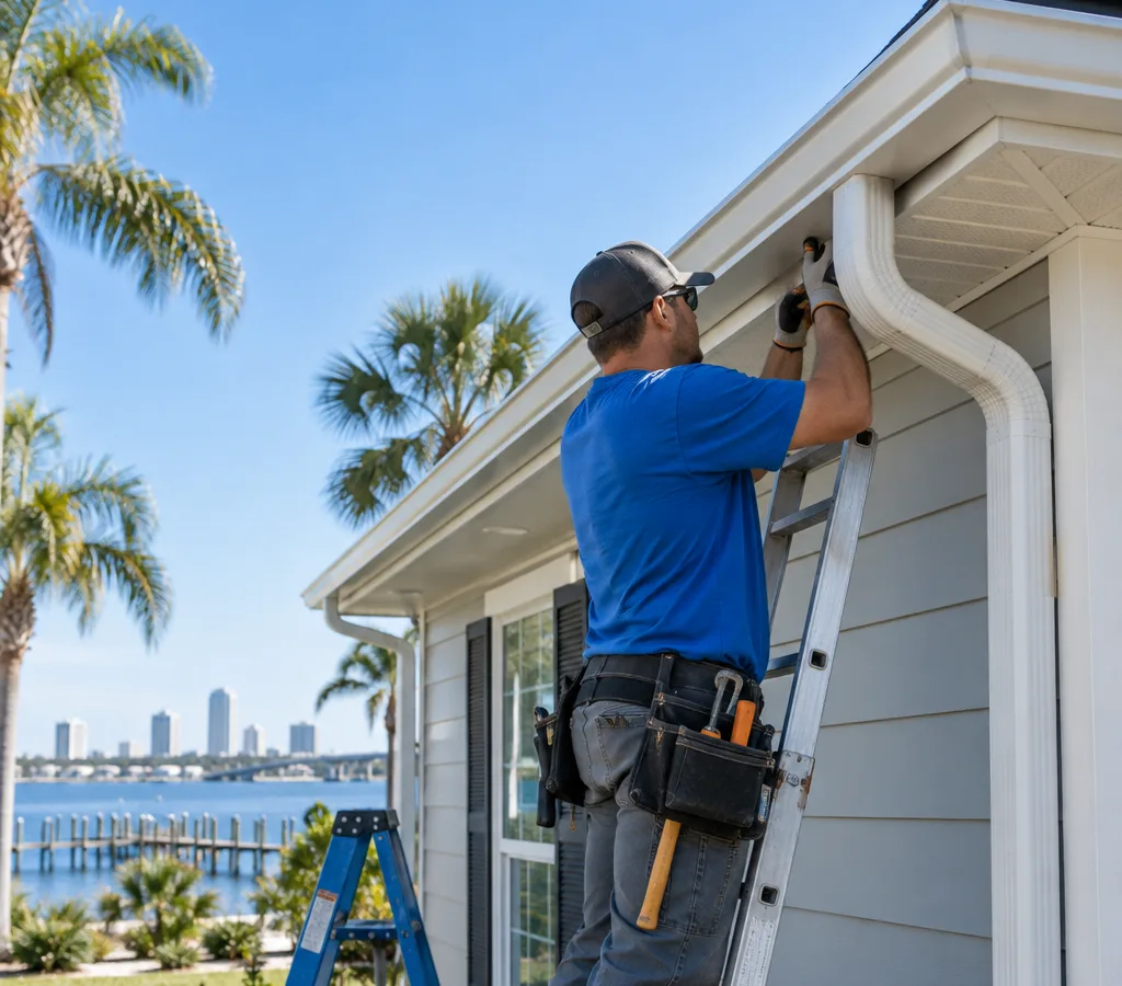 Technician fitting new seamless gutters along a Jacksonville home's eaves with visible downspout placement and safely positioned ladders