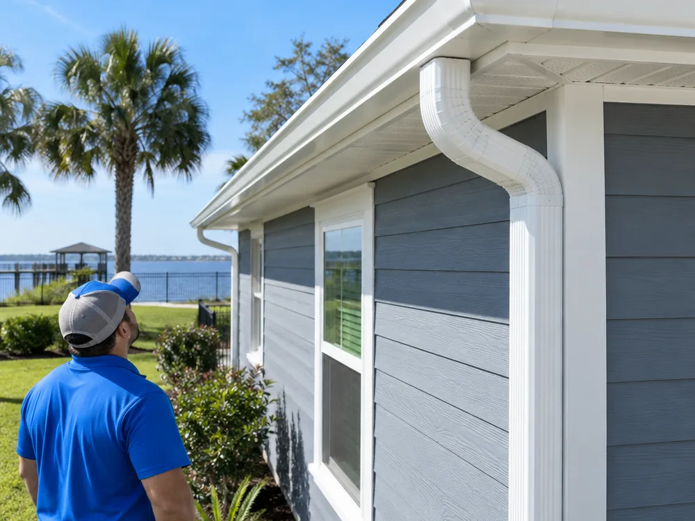 Straight seamless gutter run with evenly spaced hangers and a downspout aligned neatly to the corner