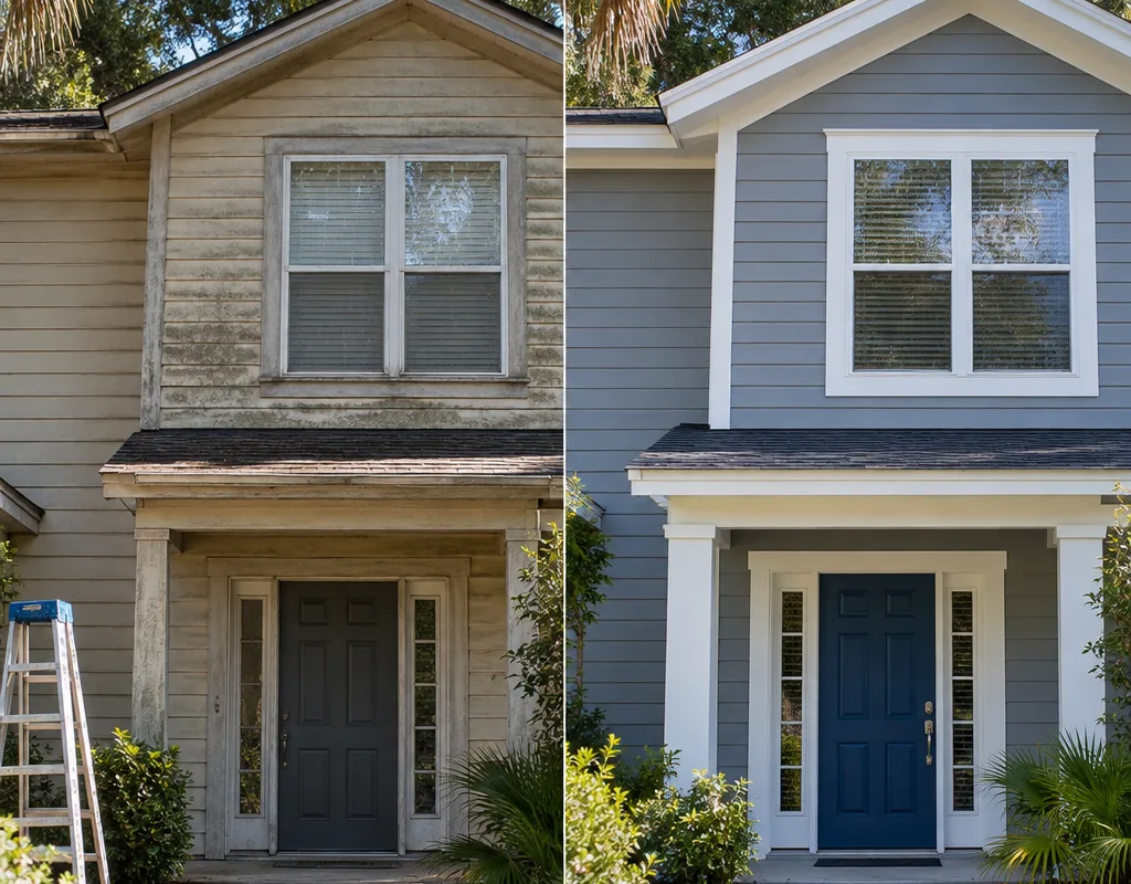 Before-and-after elevation with faded siding replaced by new siding and updated window and door trim
