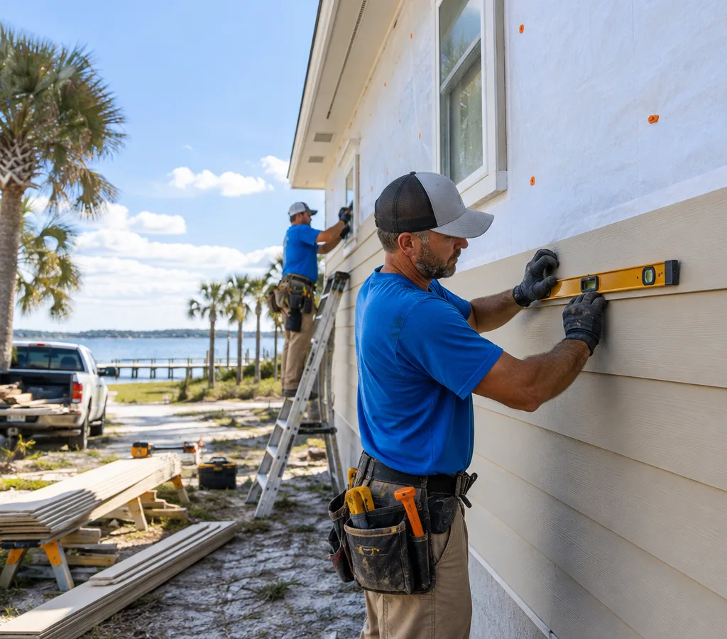 Crew installing new lap siding on a Jacksonville-area home with level courses, properly placed fasteners, and fresh housewrap