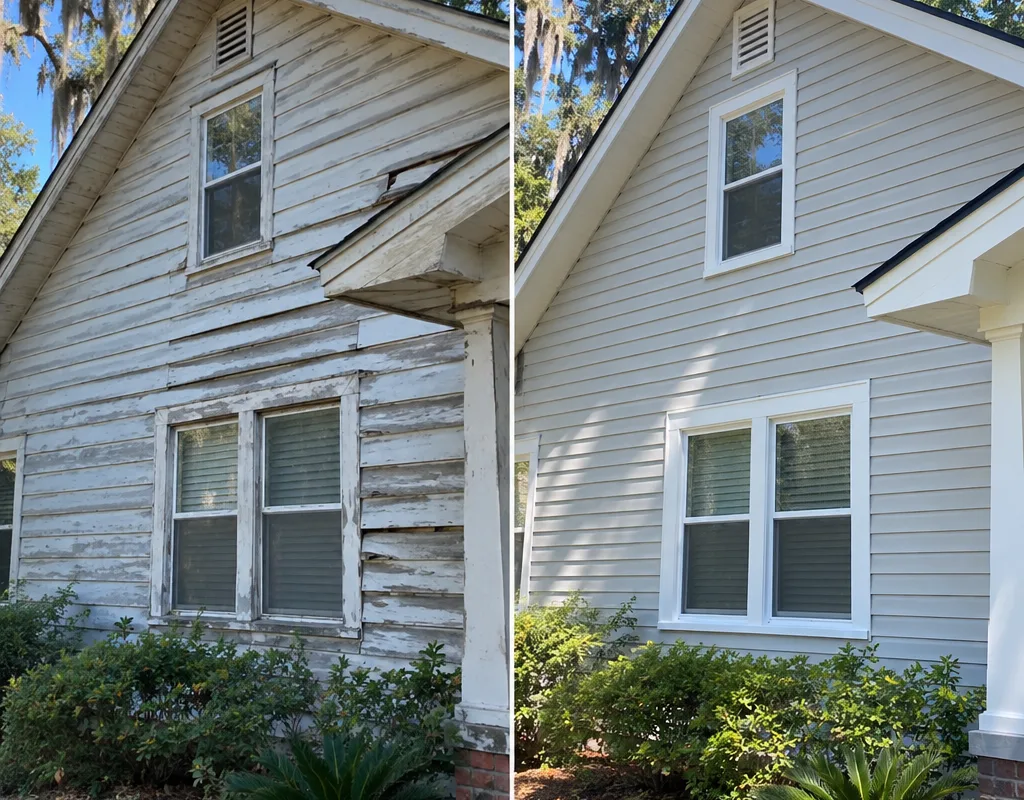 Before-and-after view of a Jacksonville home with worn cladding replaced by new vinyl siding and aligned trim