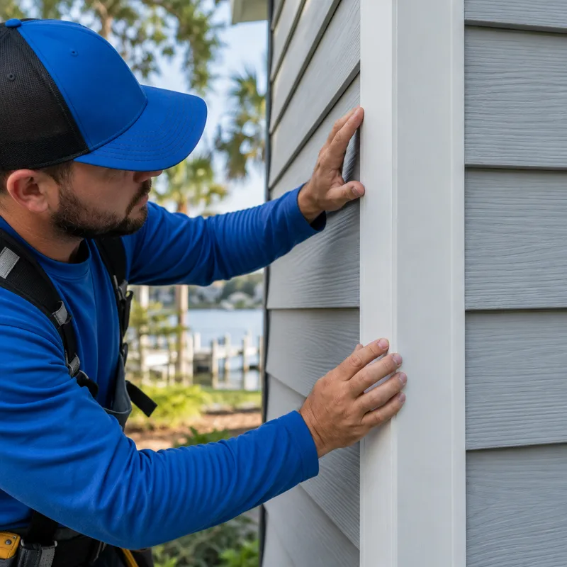 Close-up of a tight vinyl siding corner post and seam with straight courses and proper spacing