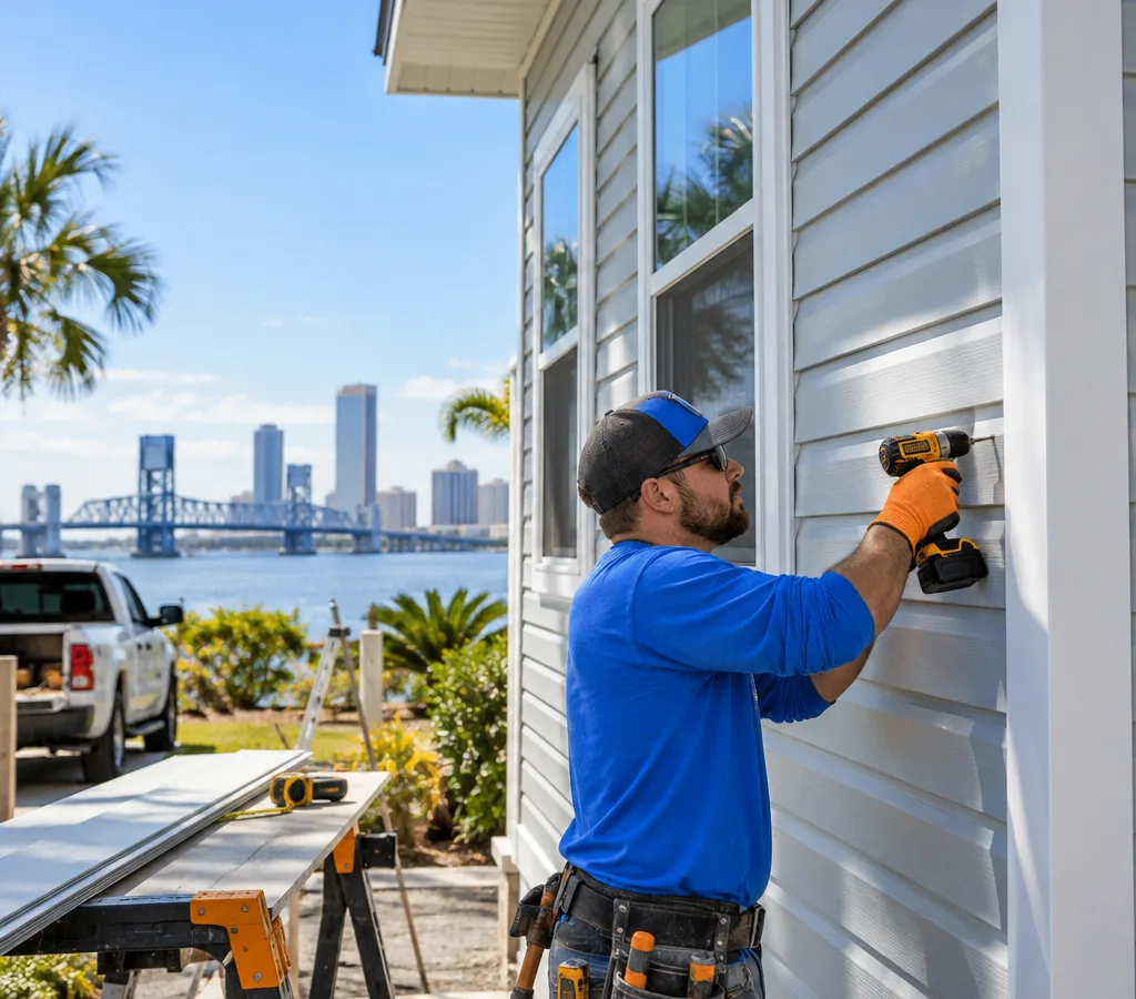 Installer fastening vinyl siding panels on a Jacksonville-area home with flashed windows and clean corner posts