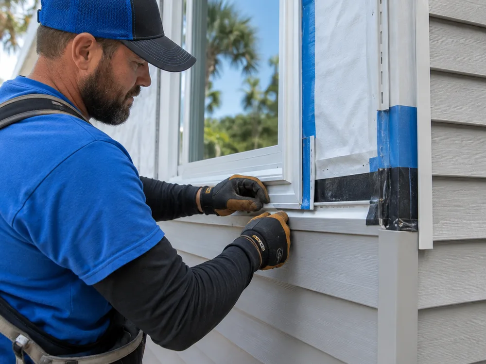 Flashed window opening with vinyl J-channel, neatly cut siding courses, housewrap, and flashing tape integration
