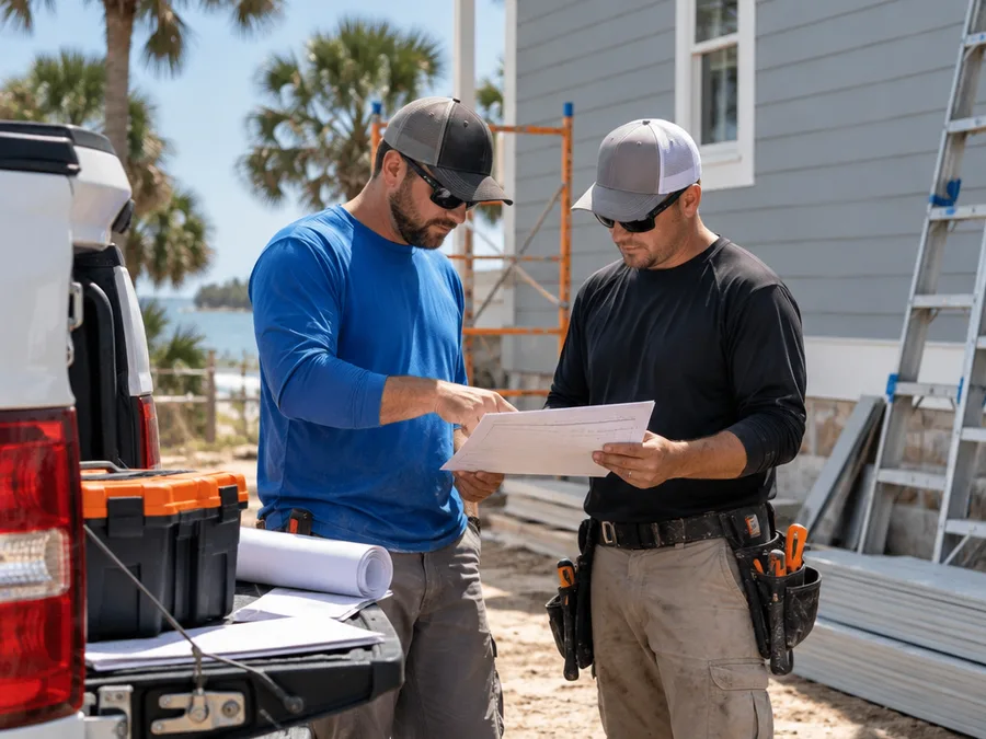 Two-person siding crew reviewing a written scope at a Jacksonville job site