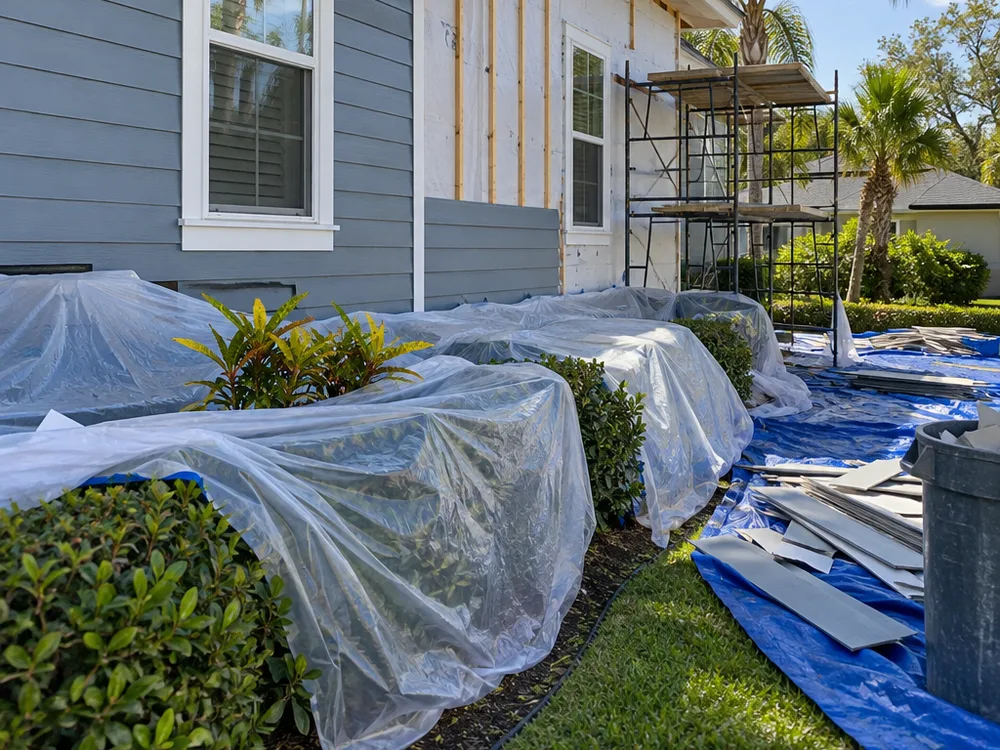 Neatly staged siding materials and protected landscaping at an active job site